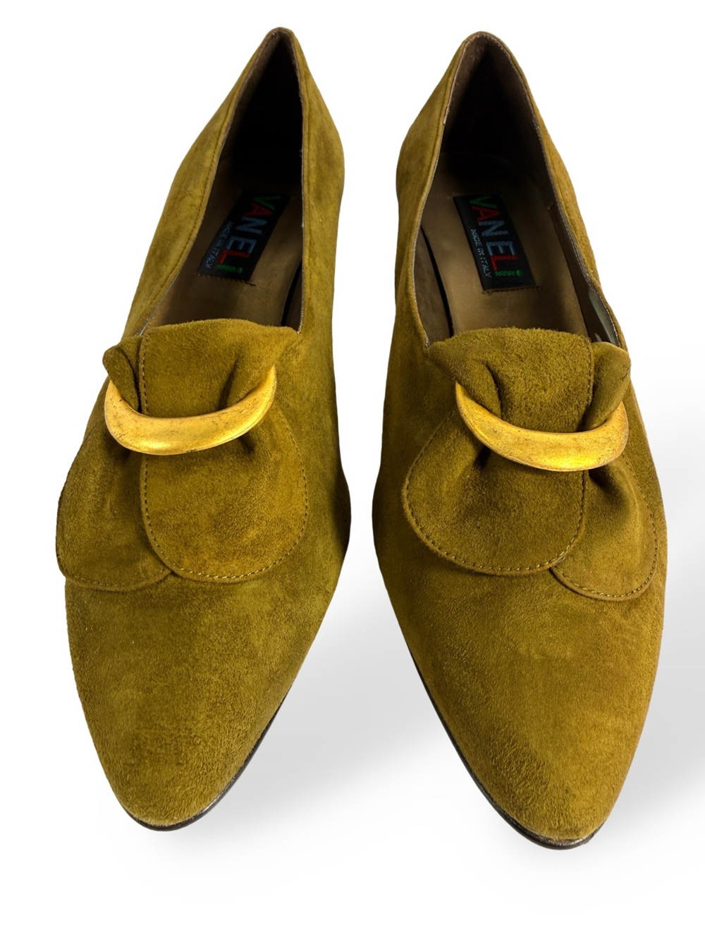 Vaneli Olive Green Suede Pointed Loafers with Gold Ring